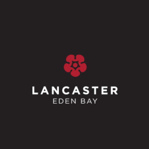 Lancaster Eden Bay logo: red floral emblem above white 'LANCASTER' with 'EDEN BAY' on a dark background