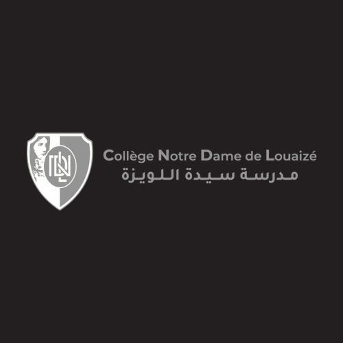 Notre Dame de Louaize College logo: shield emblem with monogram on a dark background, with French and Arabic names.