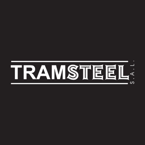 Logo for Tramsteel S.A.L., featuring bold white 'TRAMSTEEL' text with top and bottom horizontal lines and a small vertical 'S.A.L.' on the right, on a dark background.
